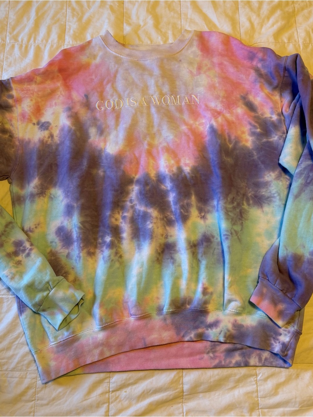 Ariana Grande Pastel Tie-Dye Crewneck Sweater with Chest Text